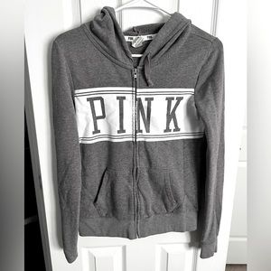 Gray zip up from PINK. Has pockets and hood. Size EXTRA SMALL. Super comfy!